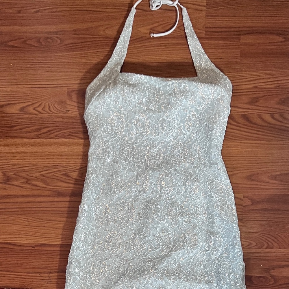 Lori Ann Elegant Blue and Silver Maxi  Halter Dress w/Three Button Back Detail